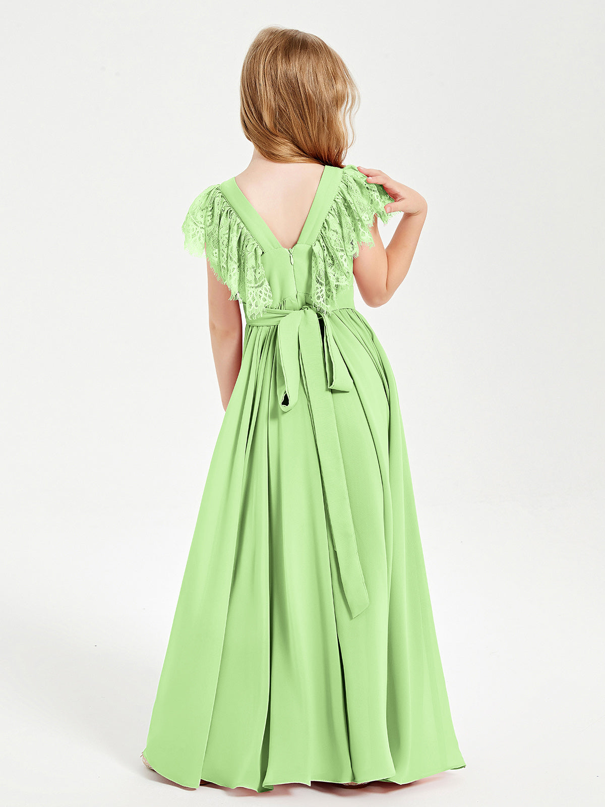 Chiffon Junior Bridesmaid Dresses with Lace Flutter Sleeves Sage